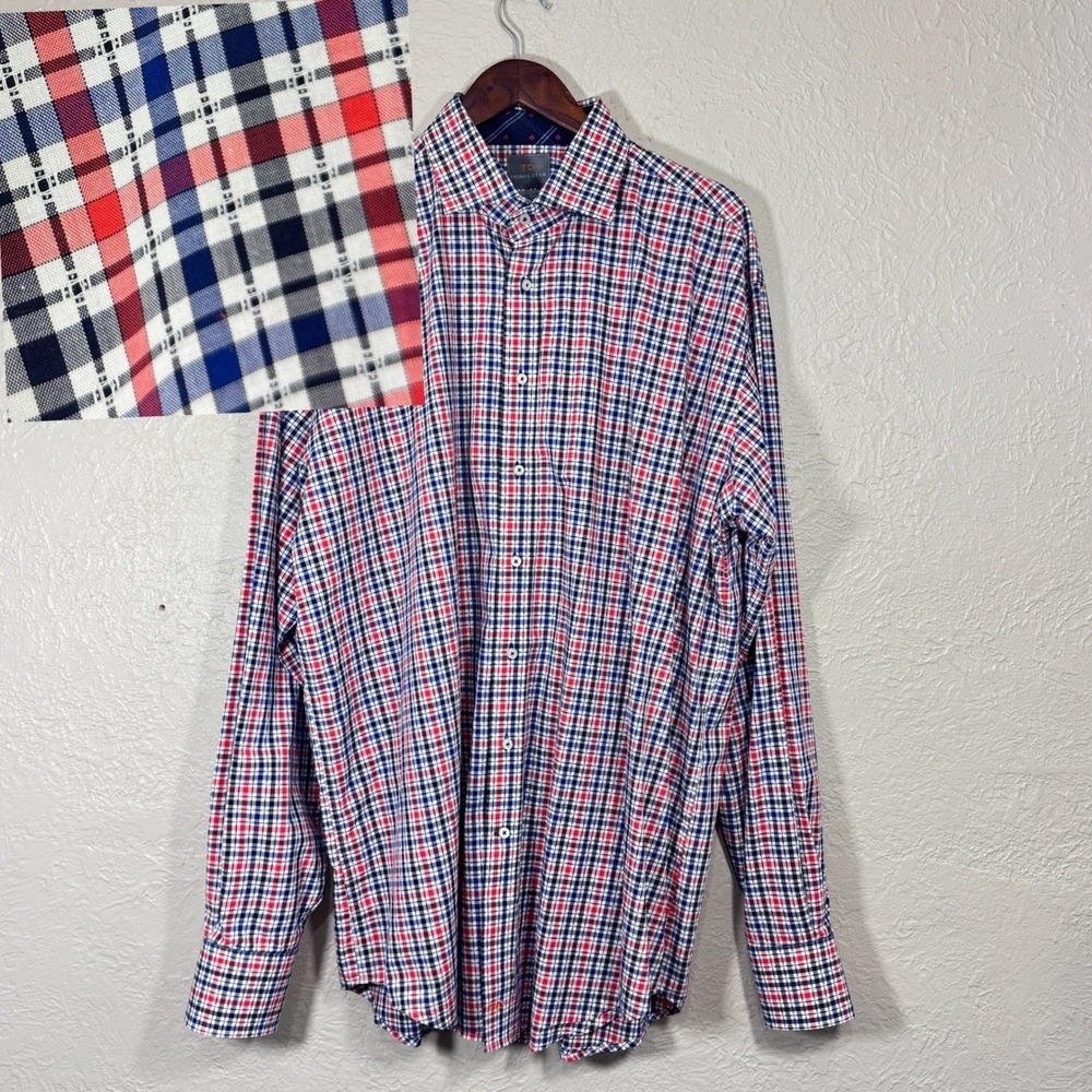 Thomas Dean Button Shirt XLT 100 Pima cotton Royal Plaid Patriotic Preppy Luxury